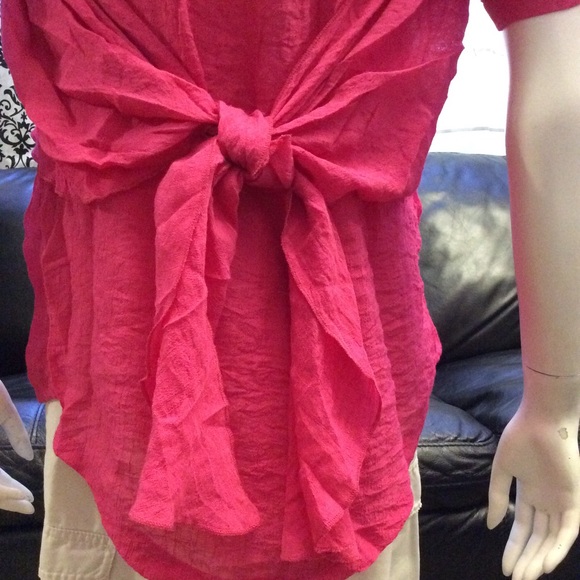 Red Coral hot pink button up blouse with tie - Picture 4 of 9